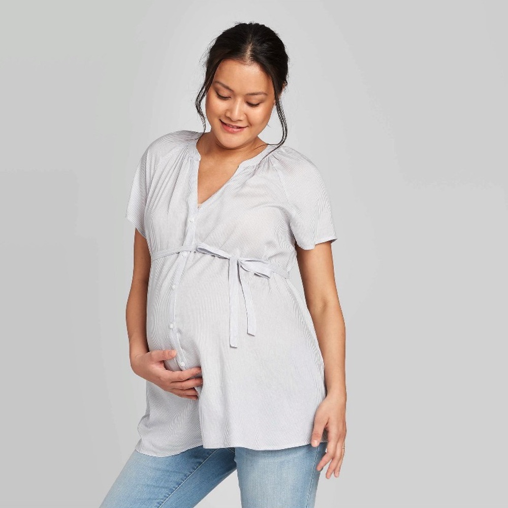 Maternity Striped Short Sleeve Tie Front Top